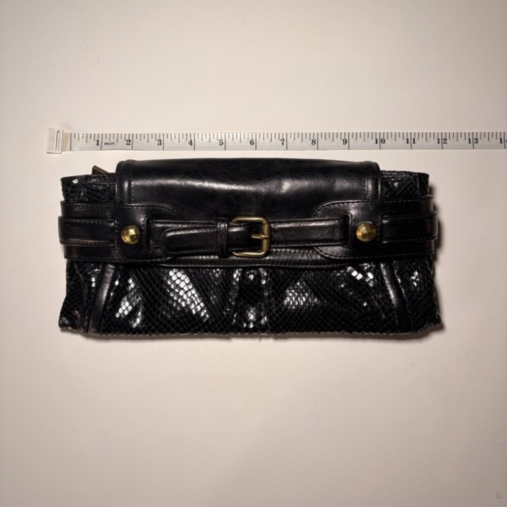 Kooba Black Leather Buckle Clutch Flap Bag with Snakeskin print